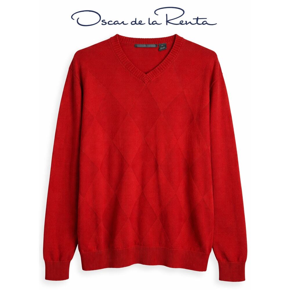 Oscar de la Renta Red Argyle Sweater Cotton V Neck Preppy Classic XXL